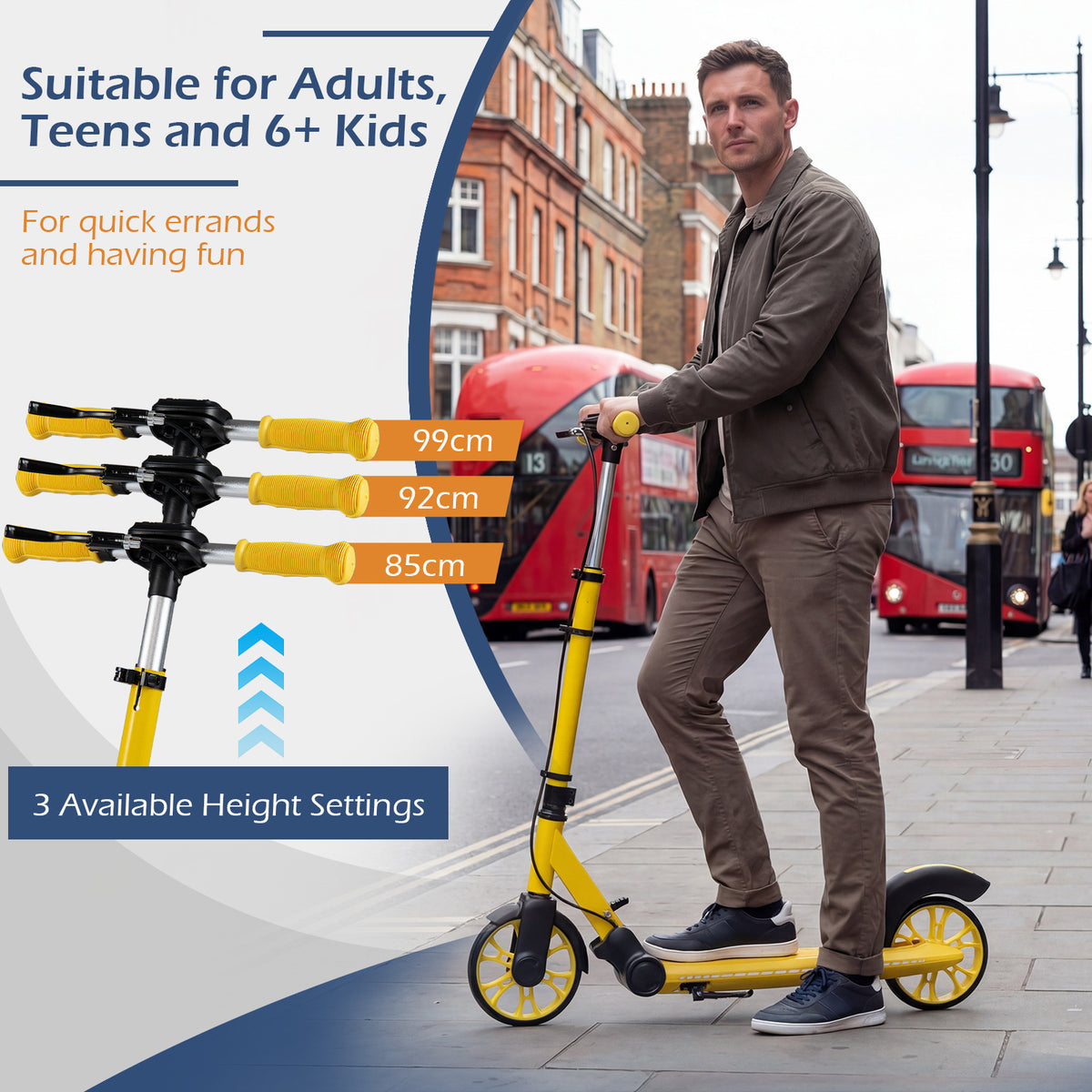 Foldable Kick Scooter with 2 Light-up Wheels and Rear Brake-Yellow