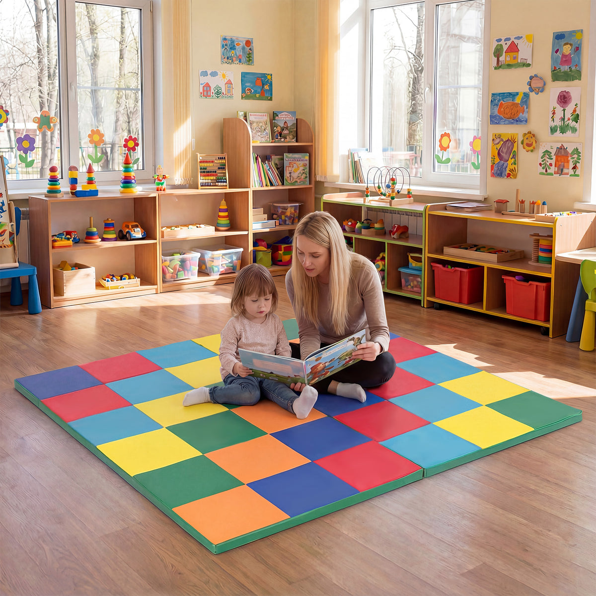 Foldable Patchwork Toddler Activity Mat with Waterproof Faux Leather-Colorful