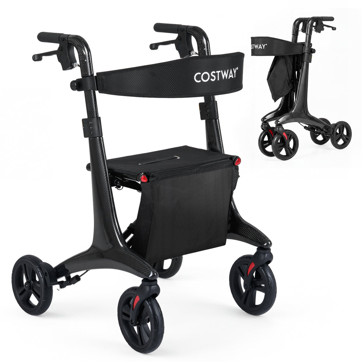 Foldable Rollator Walker with Seat and Carbon Fiber Structure for Seniors-Black