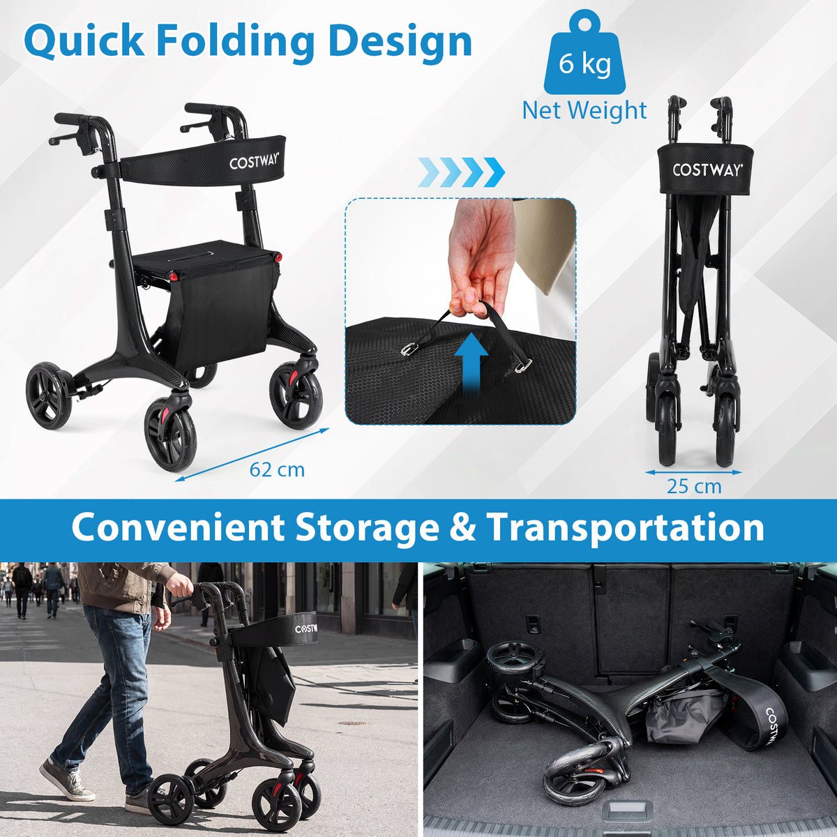 Foldable Rollator Walker with Seat and Carbon Fiber Structure for Seniors-Black