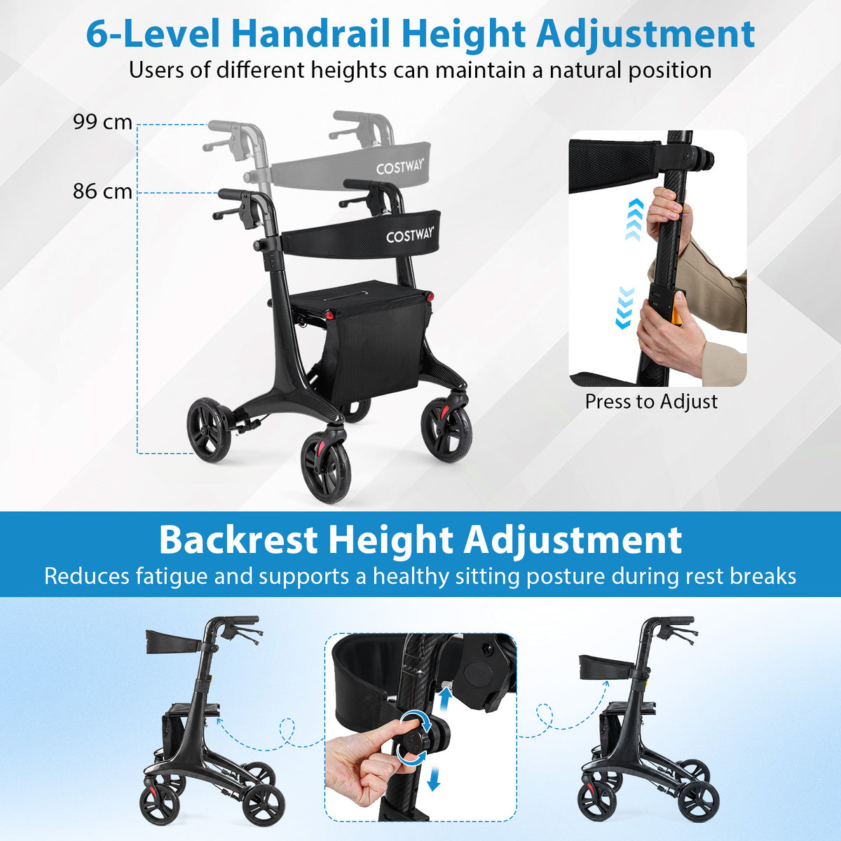 Foldable Rollator Walker with Seat and Carbon Fiber Structure for Seniors-Black