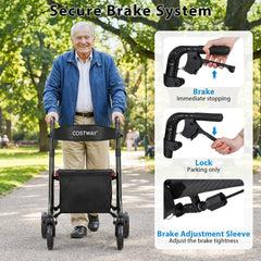 Foldable Rollator Walker with Seat and Carbon Fiber Structure for Seniors-Black