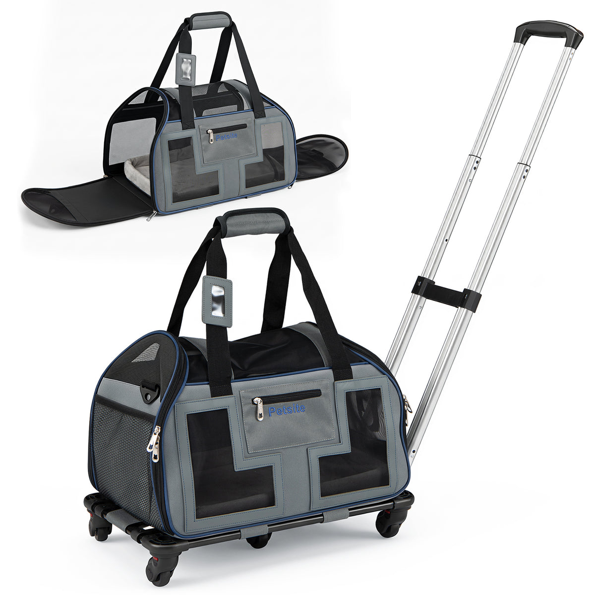 Foldable Rolling Pet Carrier with Wheels and Padded Carry Handle-Blue