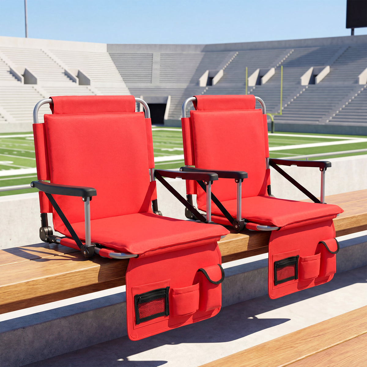 Foldable Stadium Seat Bleacher Chairs with Back Support and Padded Cushions-Red