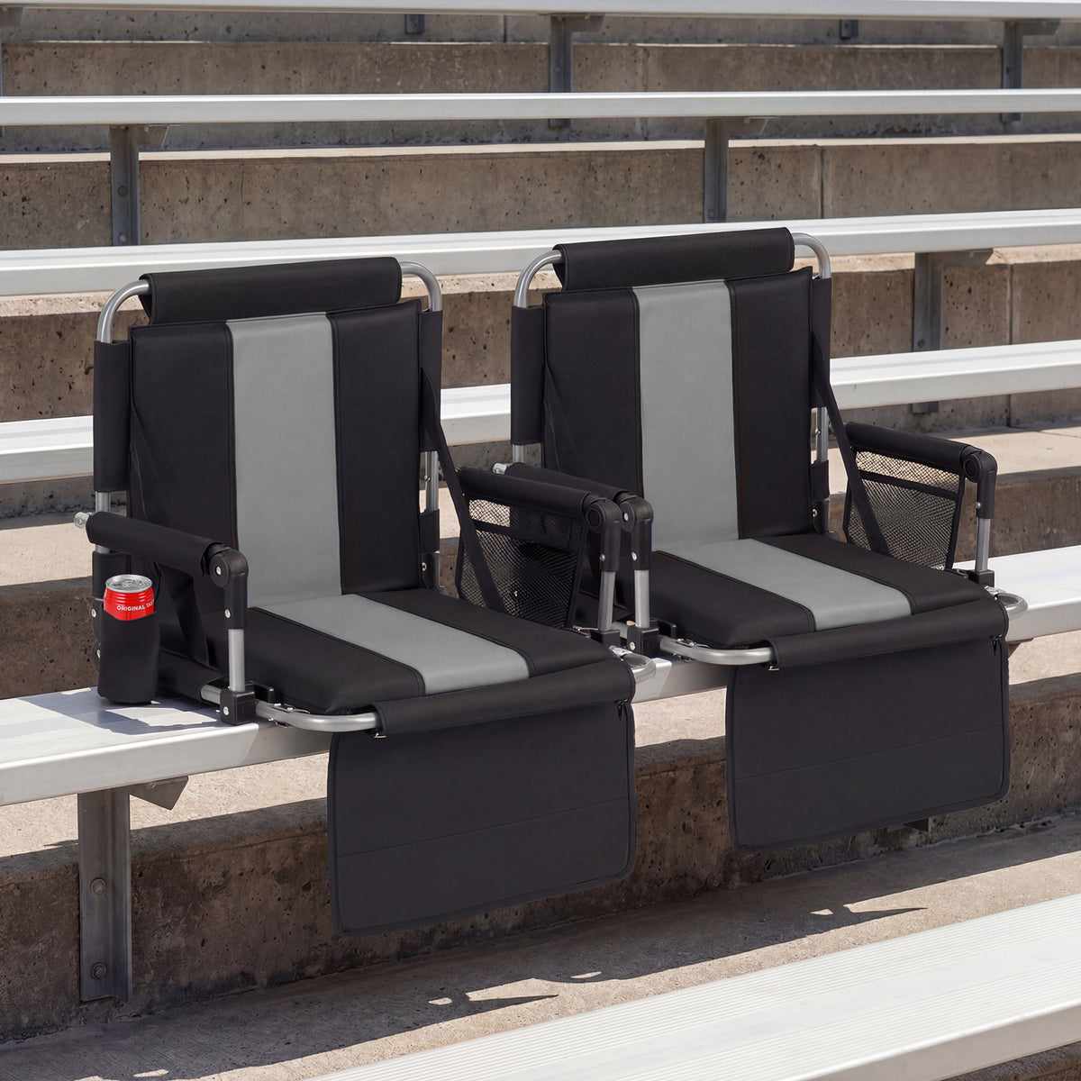 Foldable Stadium Seat Set of 2 with Back Support and Padded Cushions-Grey
