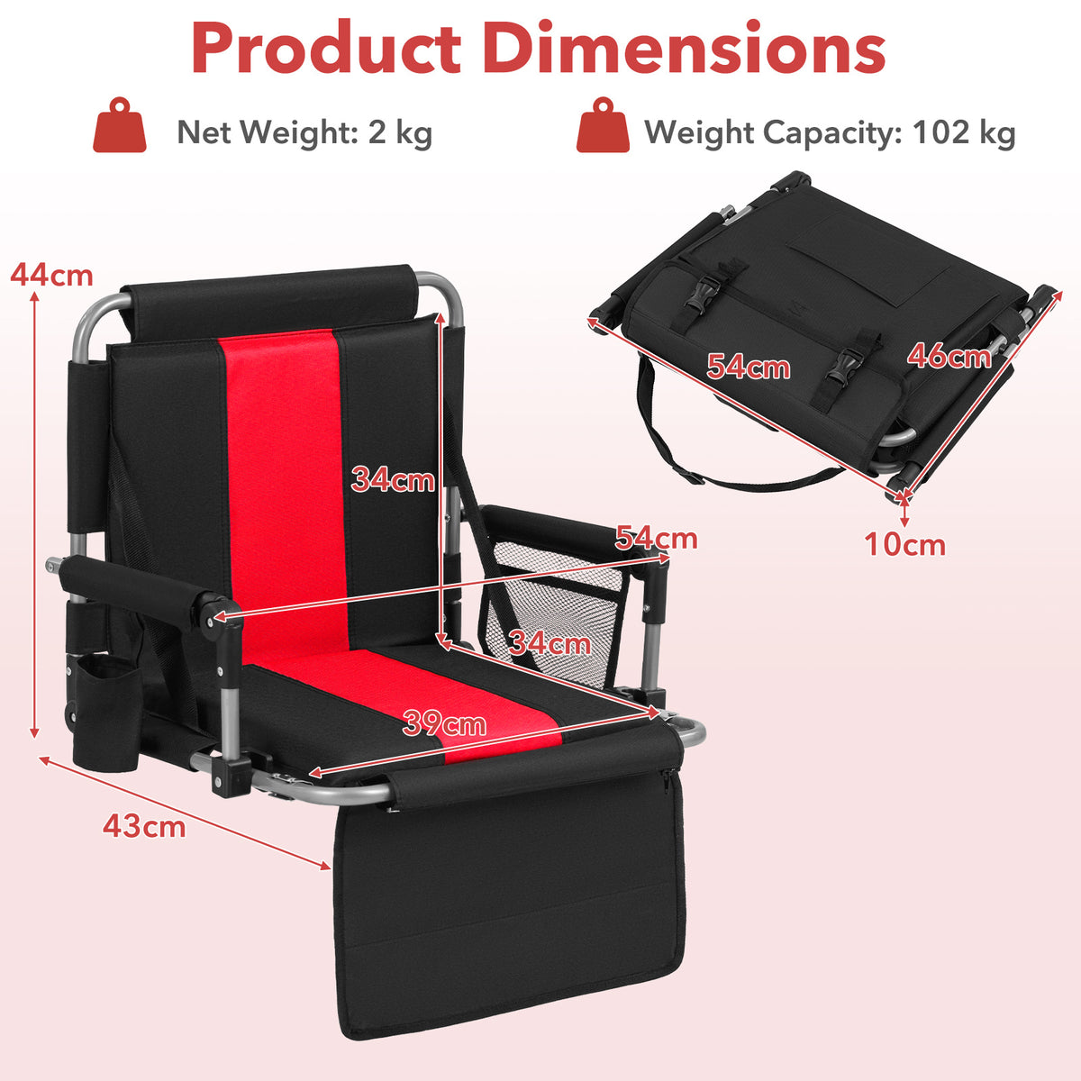 Foldable Stadium Seat Set of 2 with Back Support and Padded Cushions-Red