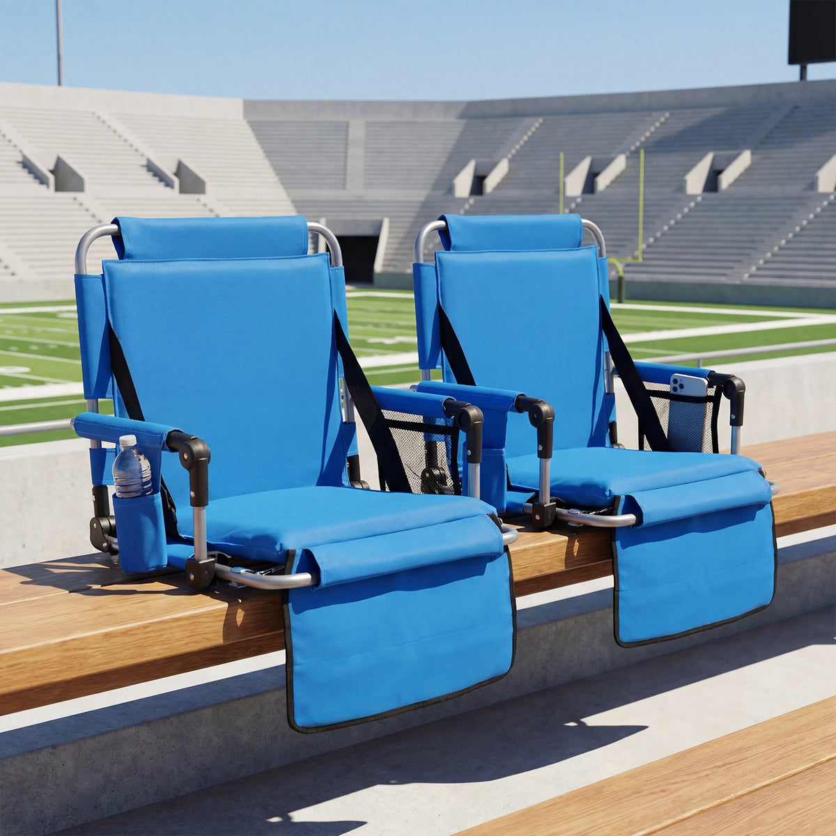 Foldable Stadium Seat Set of 2 with Padded Cushions and Armrest-Blue