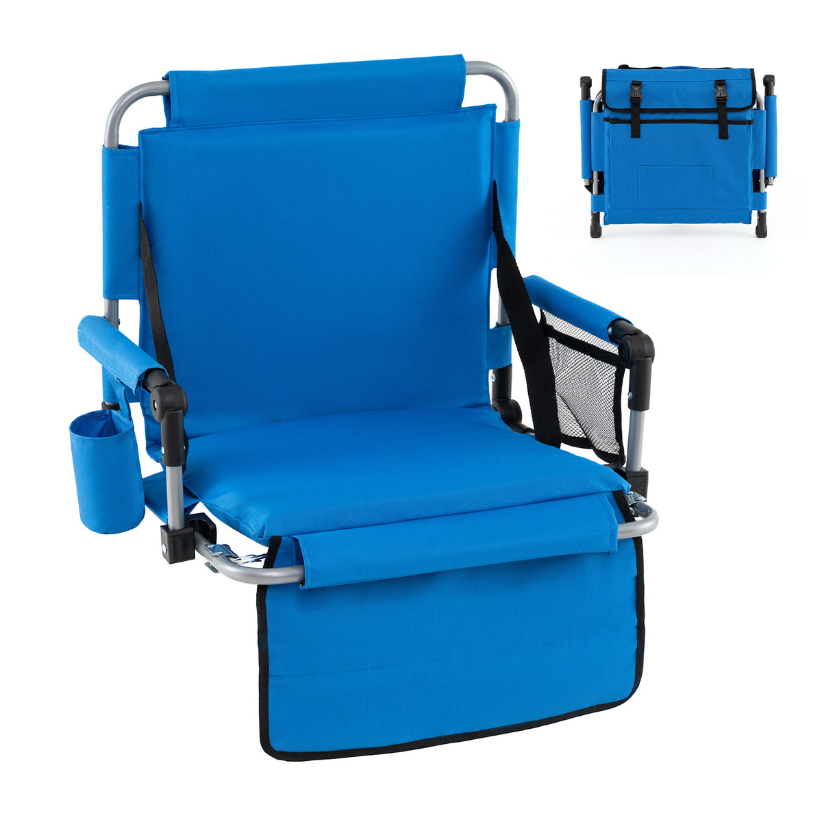 Foldable Stadium Seat with Back Support and Padded Cushions with Armrest-Blue