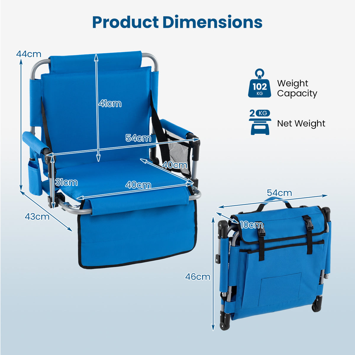 Foldable Stadium Seat with Back Support and Padded Cushions with Armrest-Blue