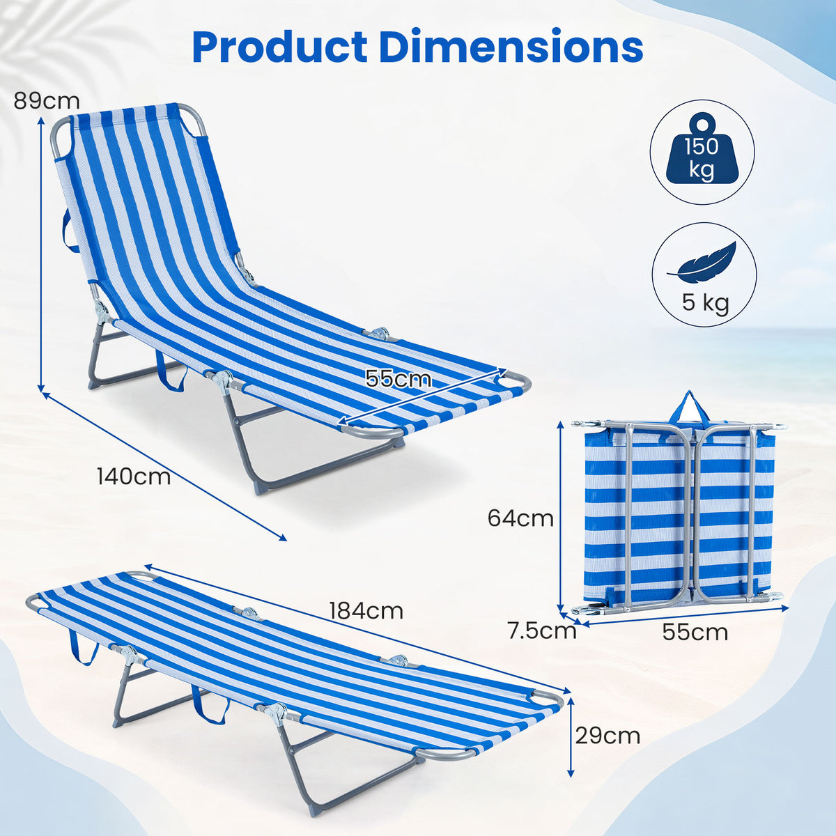 Foldable Sun Lounger Recliner with 4-Position Adjustable Backrest and Footrest-Blue