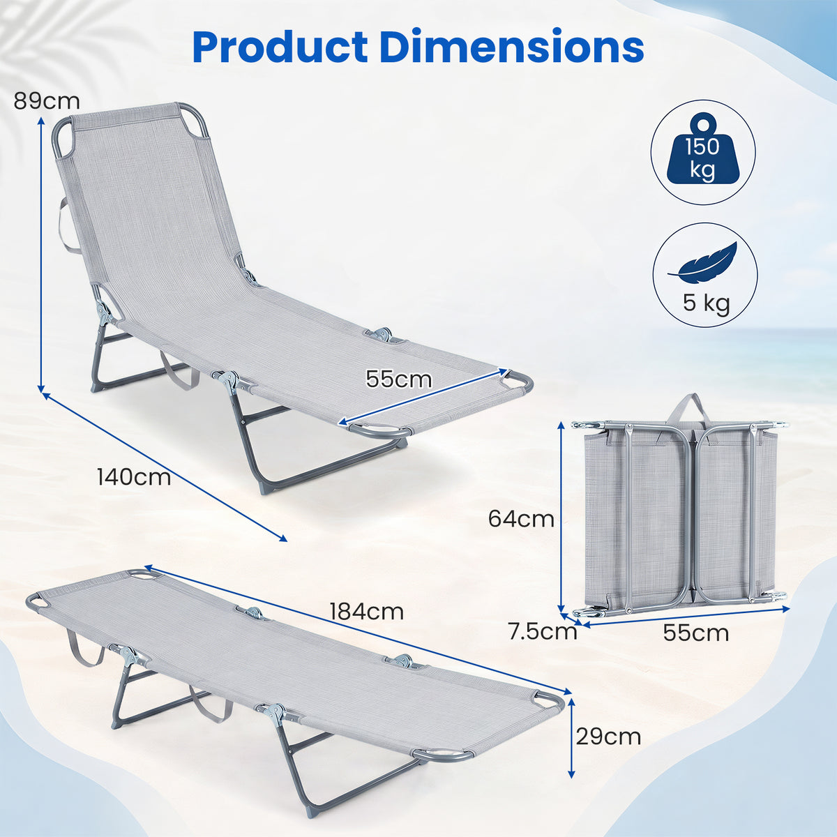 Foldable Sun Lounger Recliner with 4-Position Adjustable Backrest and Footrest-Grey