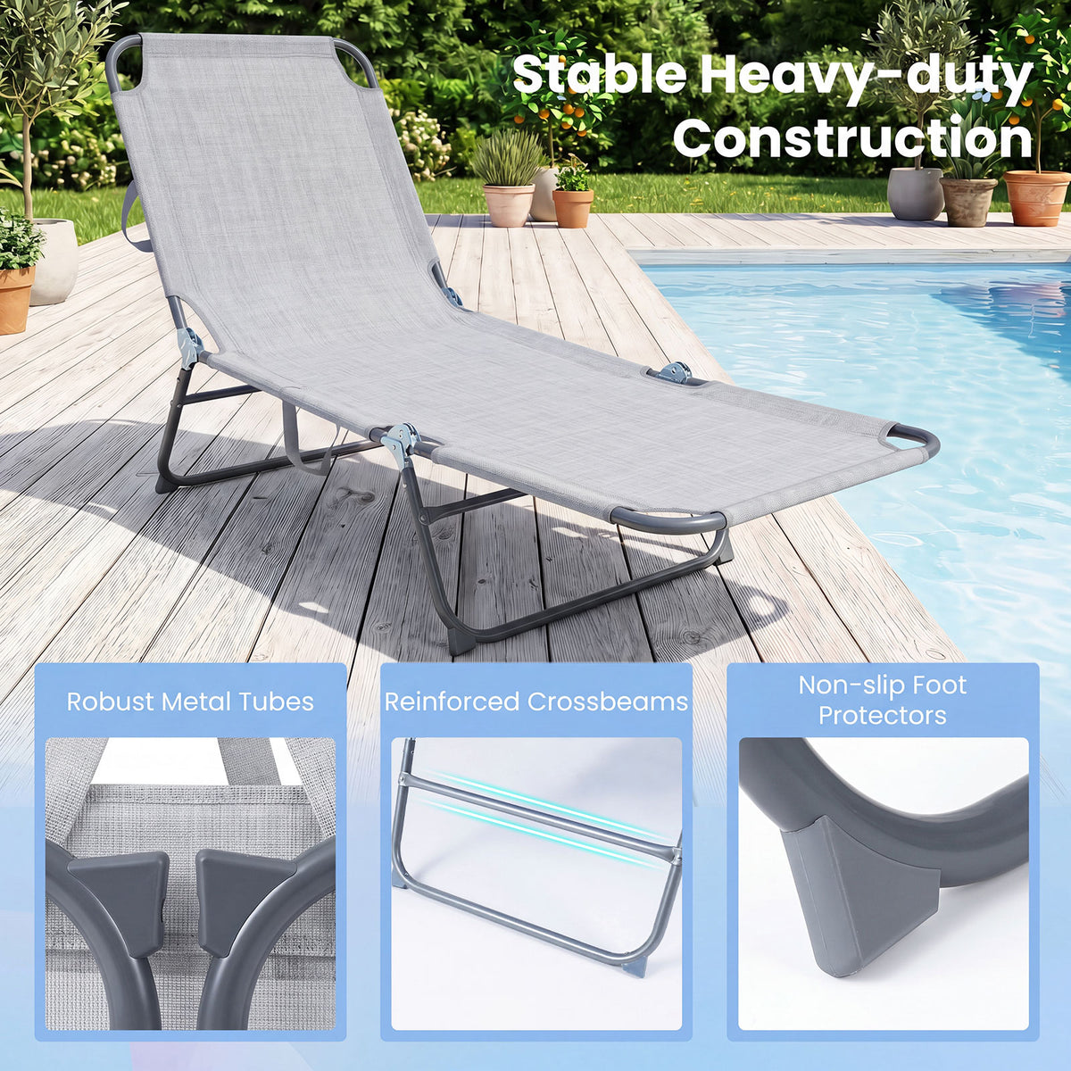 Foldable Sun Lounger Recliner with 4-Position Adjustable Backrest and Footrest-Grey