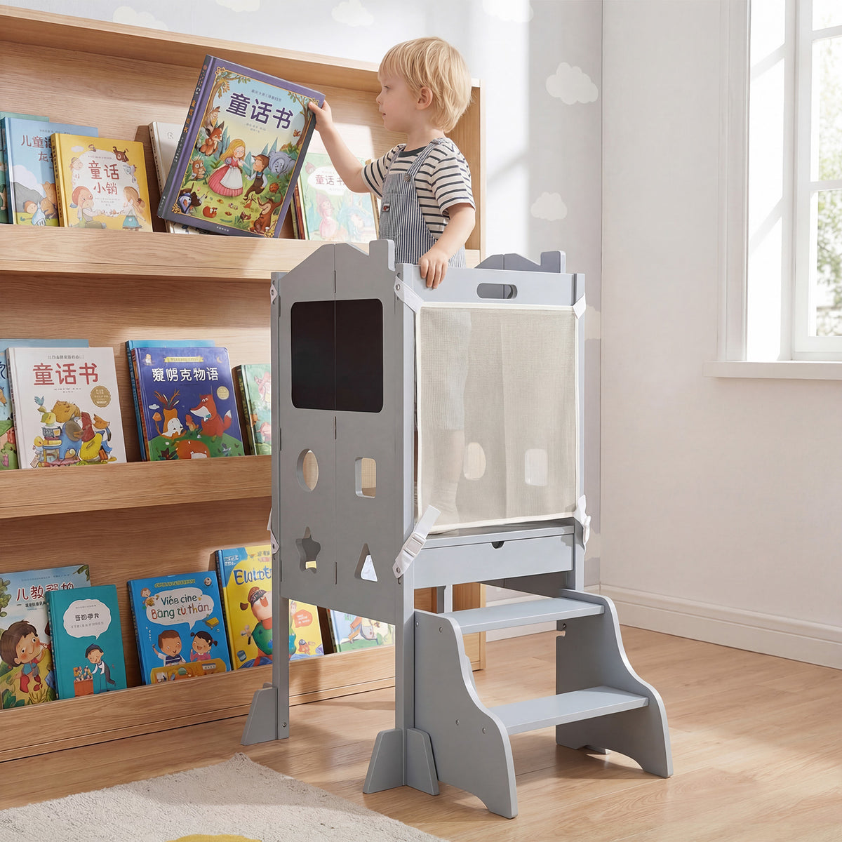 Foldable Toddler Step Stool with Chalkboards and 2-Step Stool for Boys and Girls Aged 2+-Grey