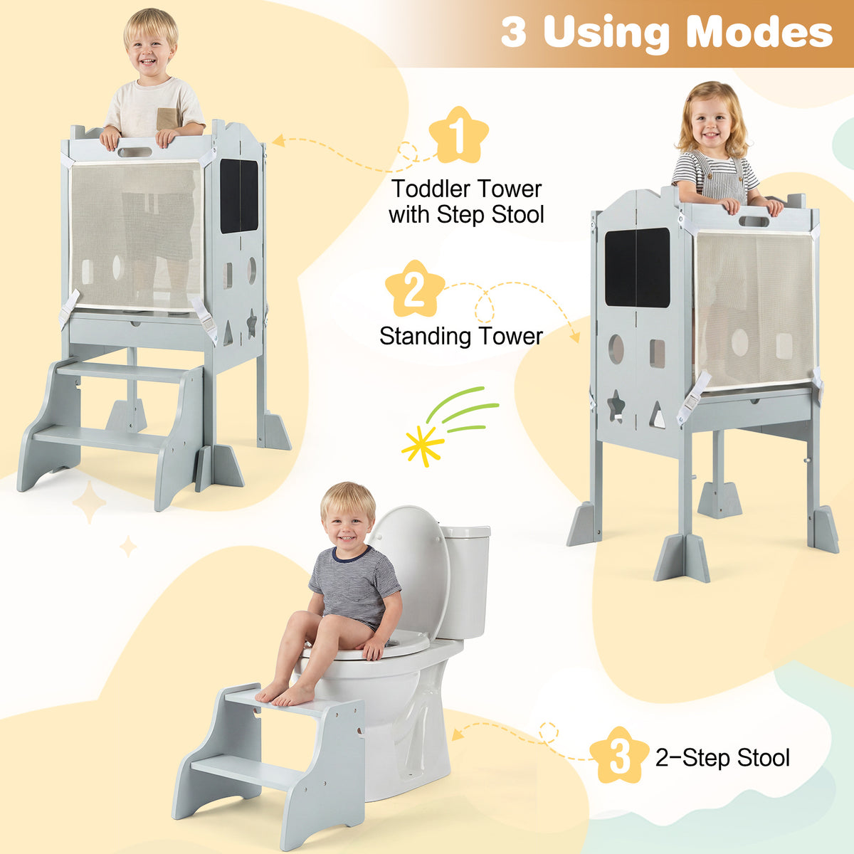 Foldable Toddler Step Stool with Chalkboards and 2-Step Stool for Boys and Girls Aged 2+-Grey