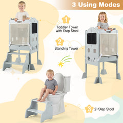 Foldable Toddler Step Stool with Chalkboards and 2-Step Stool for Boys and Girls Aged 2+-Grey