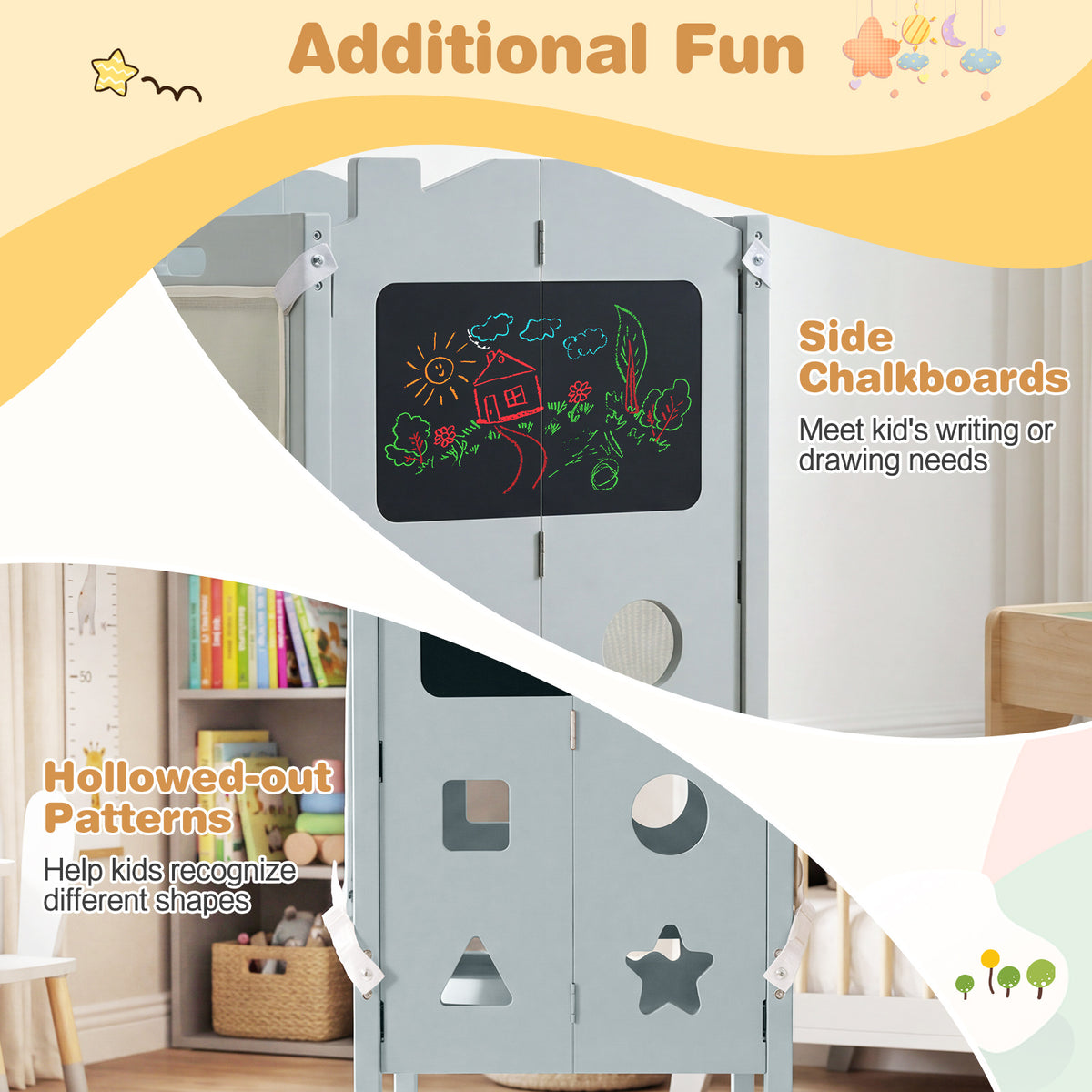 Foldable Toddler Step Stool with Chalkboards and 2-Step Stool for Boys and Girls Aged 2+-Grey