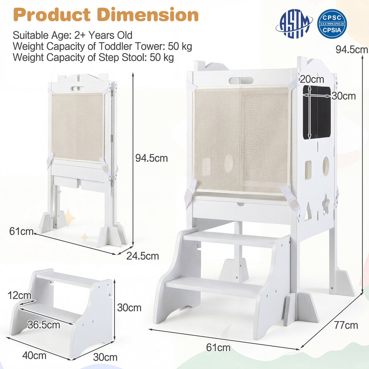 Foldable Toddler Step Stool with Chalkboards and 2-Step Stool for Boys and Girls Aged 2+-White
