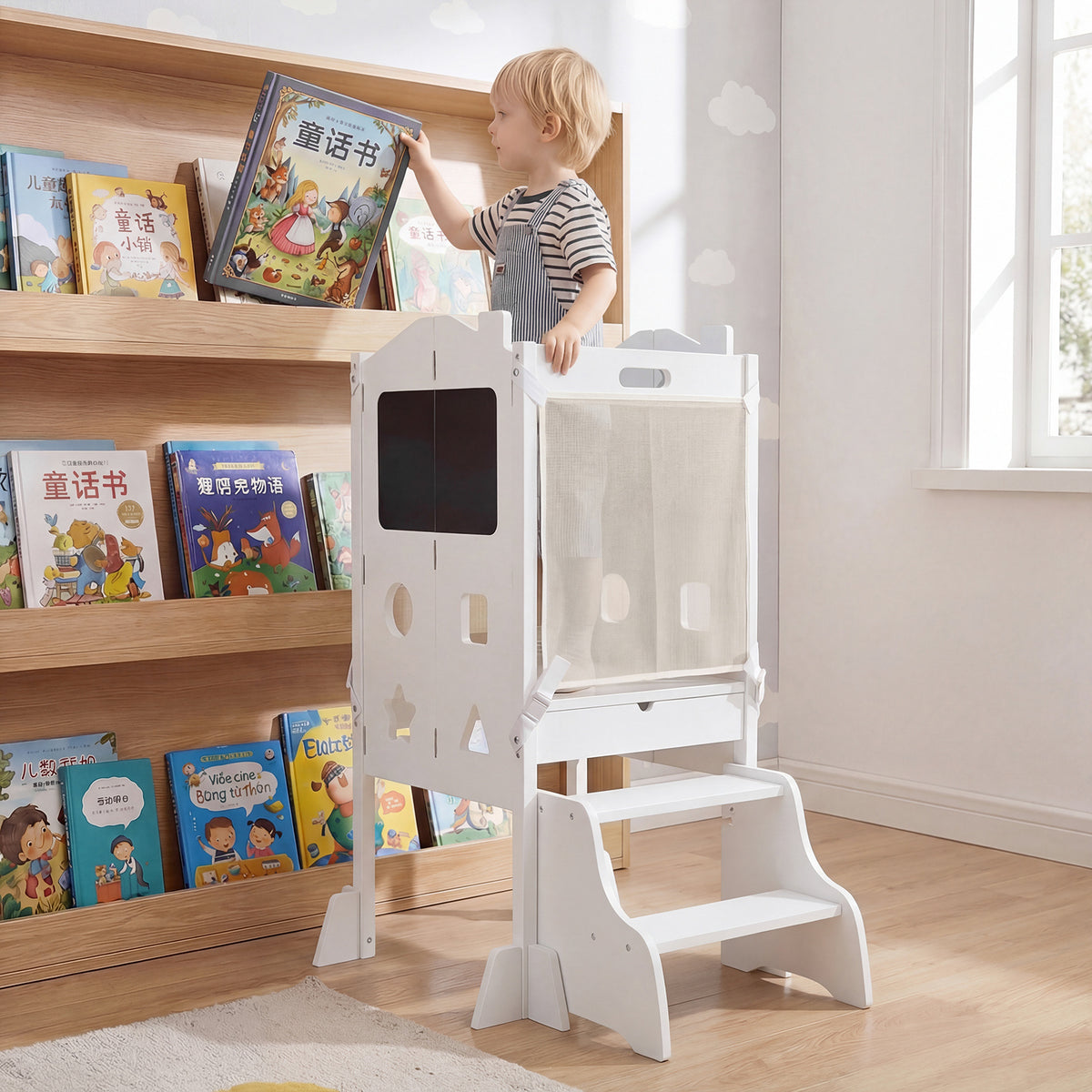 Foldable Toddler Step Stool with Chalkboards and 2-Step Stool for Boys and Girls Aged 2+-White