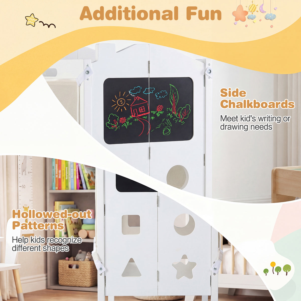 Foldable Toddler Step Stool with Chalkboards and 2-Step Stool for Boys and Girls Aged 2+-White