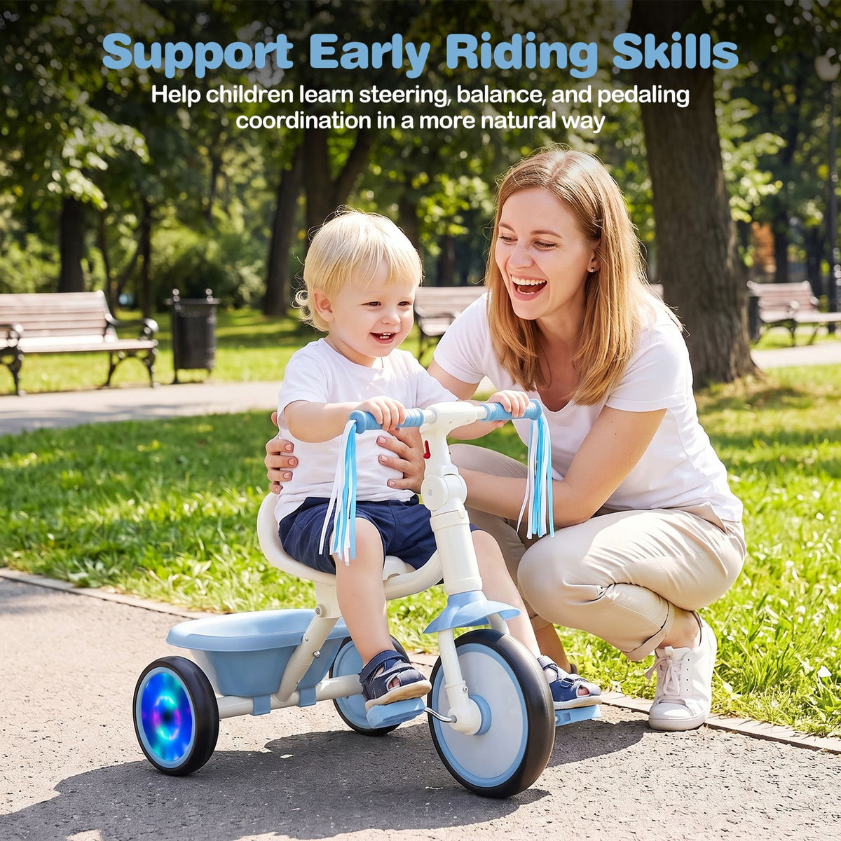 Foldable Toddler Tricycle for 2-5 Year Old with Lighting Wheels-Blue