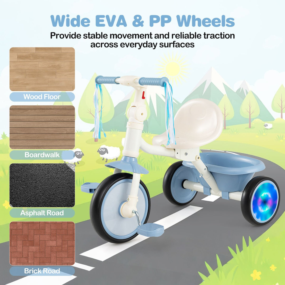 Foldable Toddler Tricycle for 2-5 Year Old with Lighting Wheels-Blue