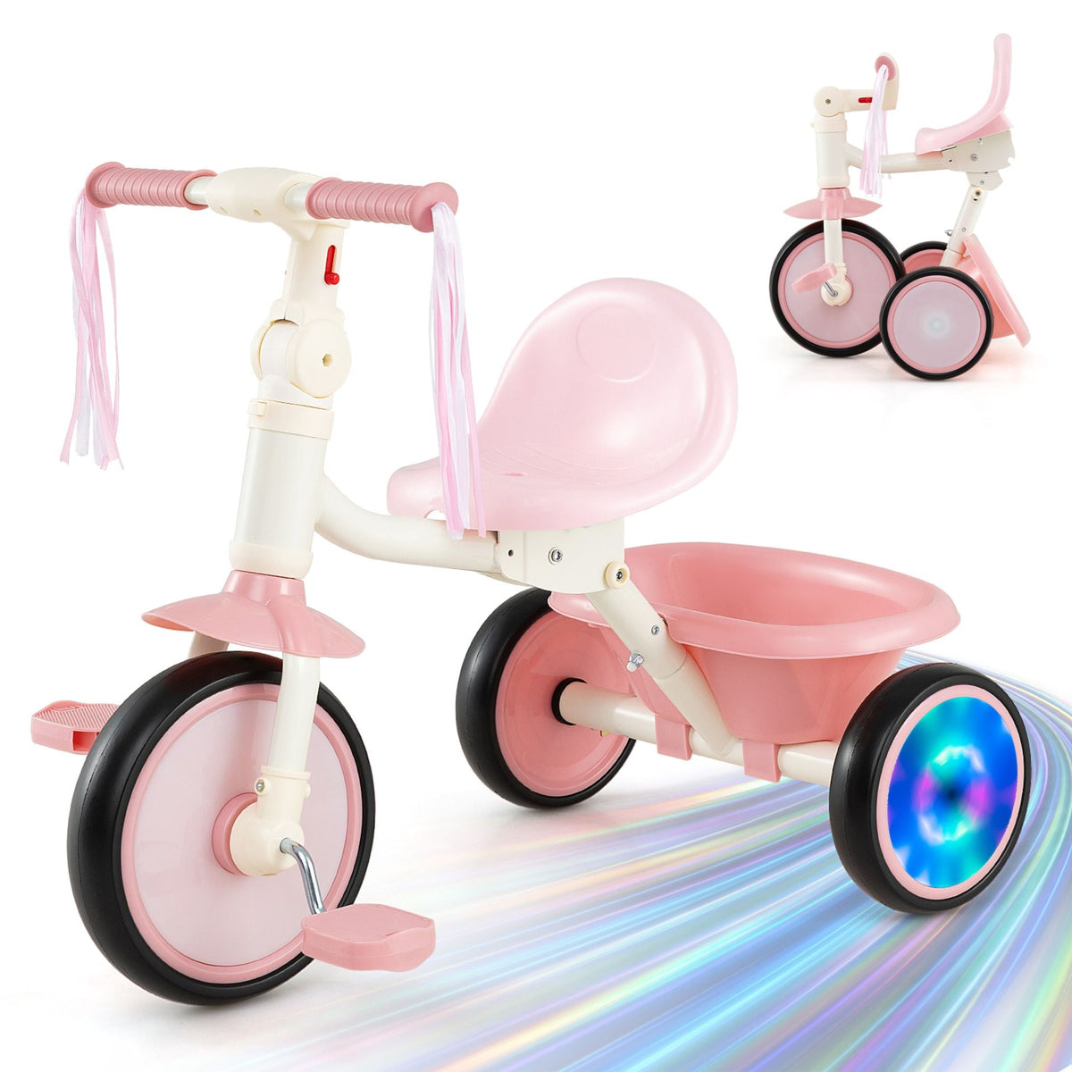 Foldable Toddler Tricycle for 2-5 Year Old with Lighting Wheels-Pink