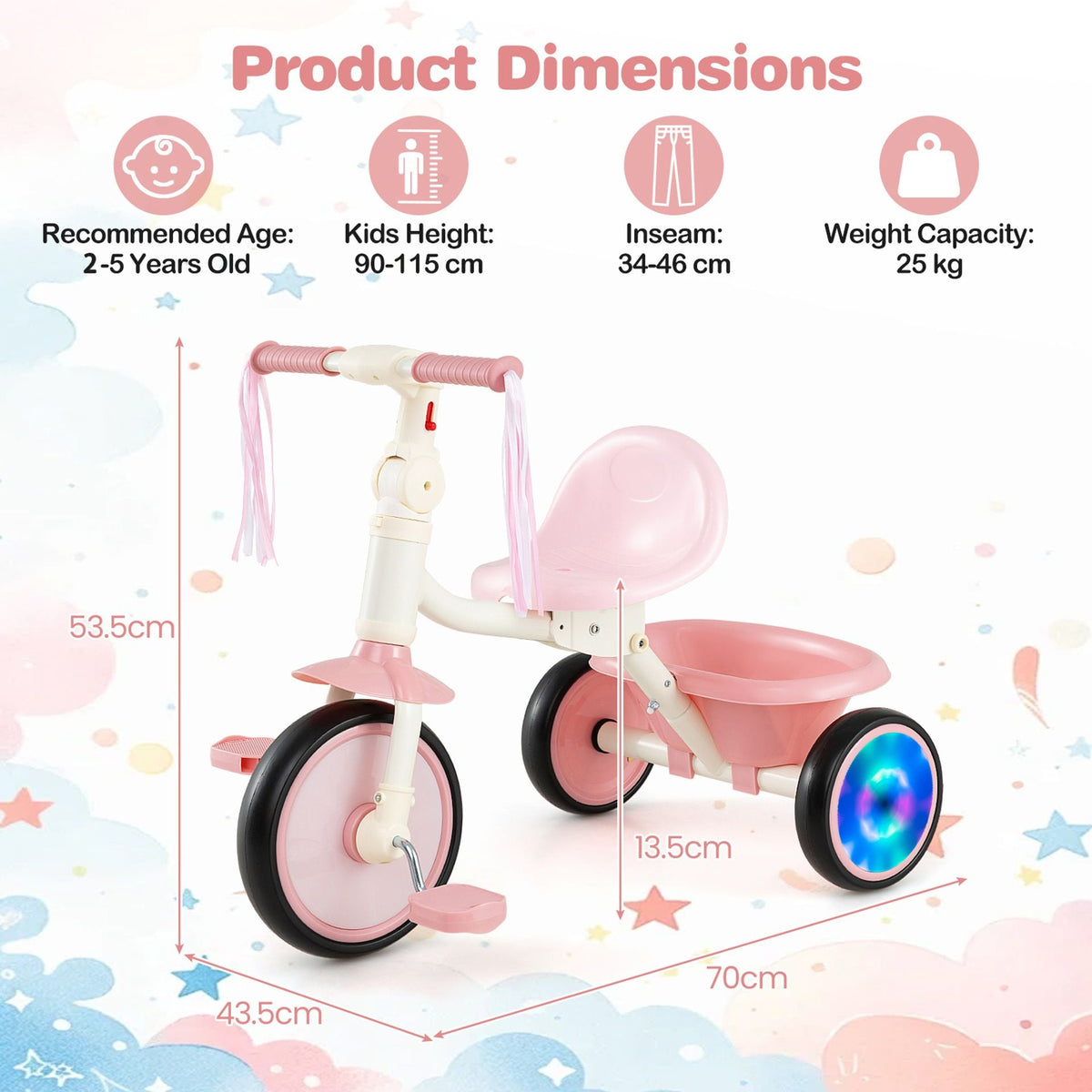 Foldable Toddler Tricycle for 2-5 Year Old with Lighting Wheels-Pink