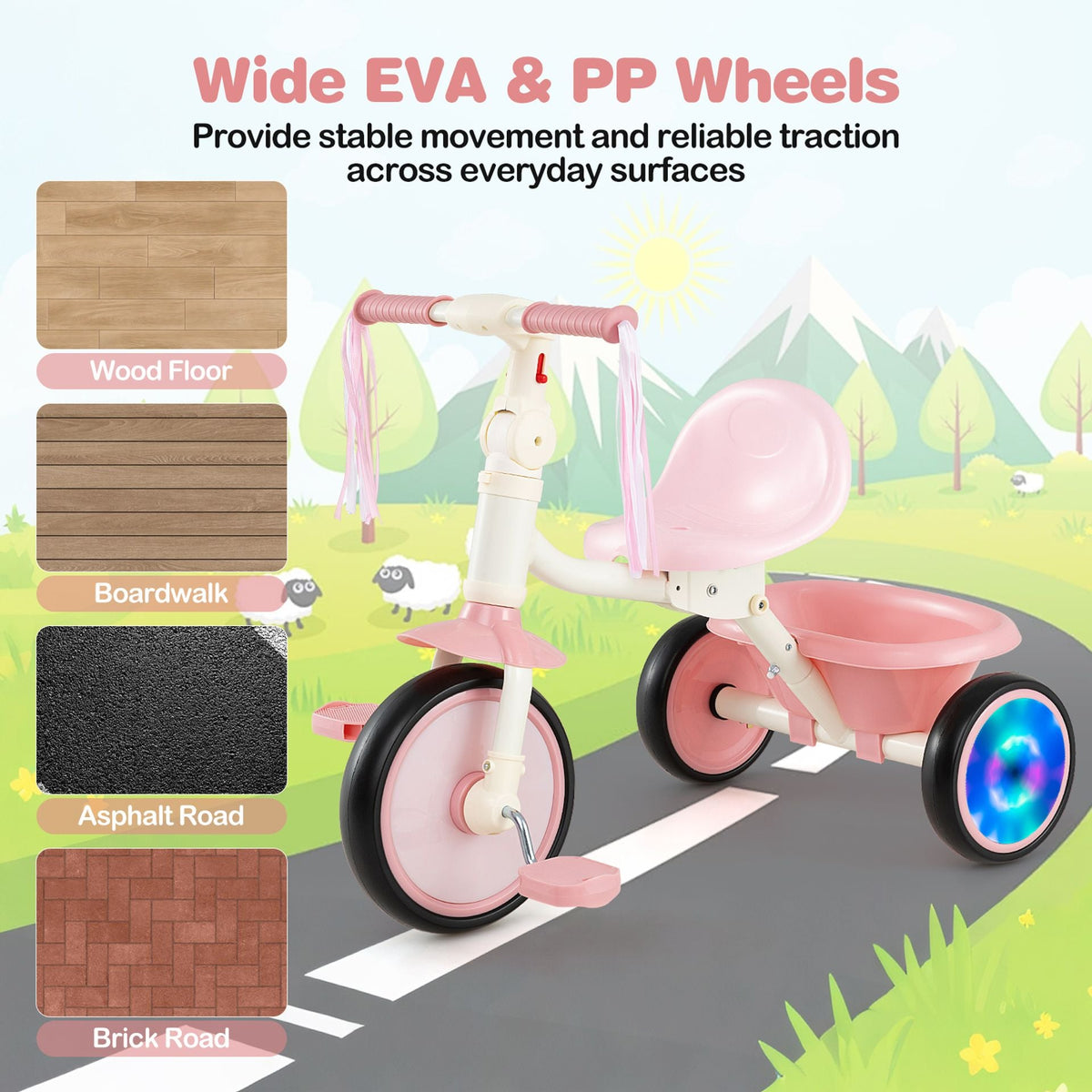 Foldable Toddler Tricycle for 2-5 Year Old with Lighting Wheels-Pink