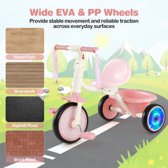 Foldable Toddler Tricycle for 2-5 Year Old with Lighting Wheels-Pink