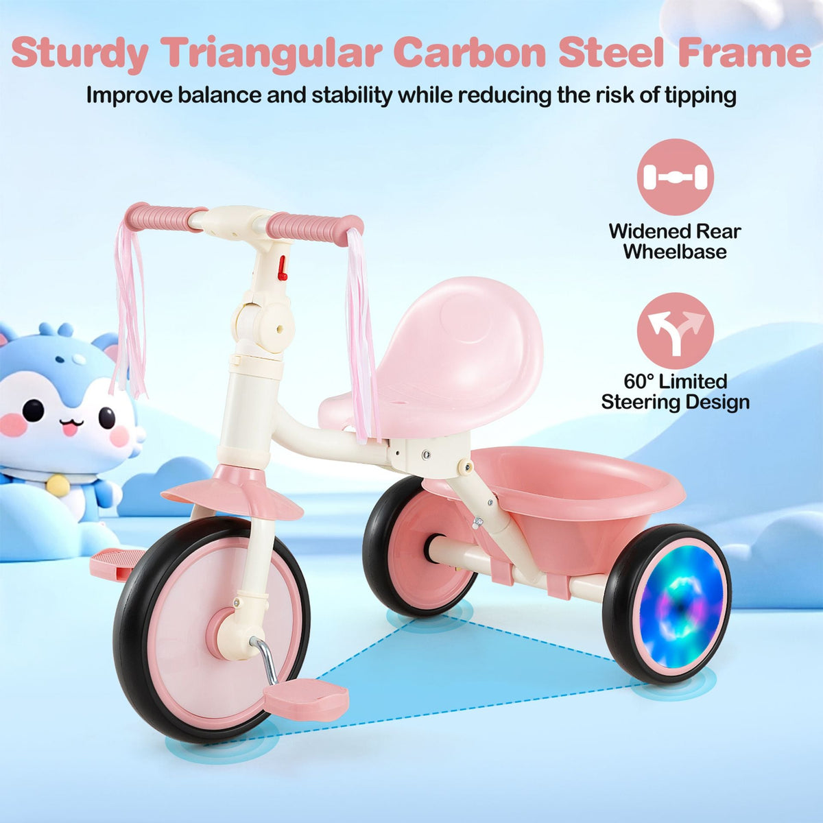 Foldable Toddler Tricycle for 2-5 Year Old with Lighting Wheels-Pink