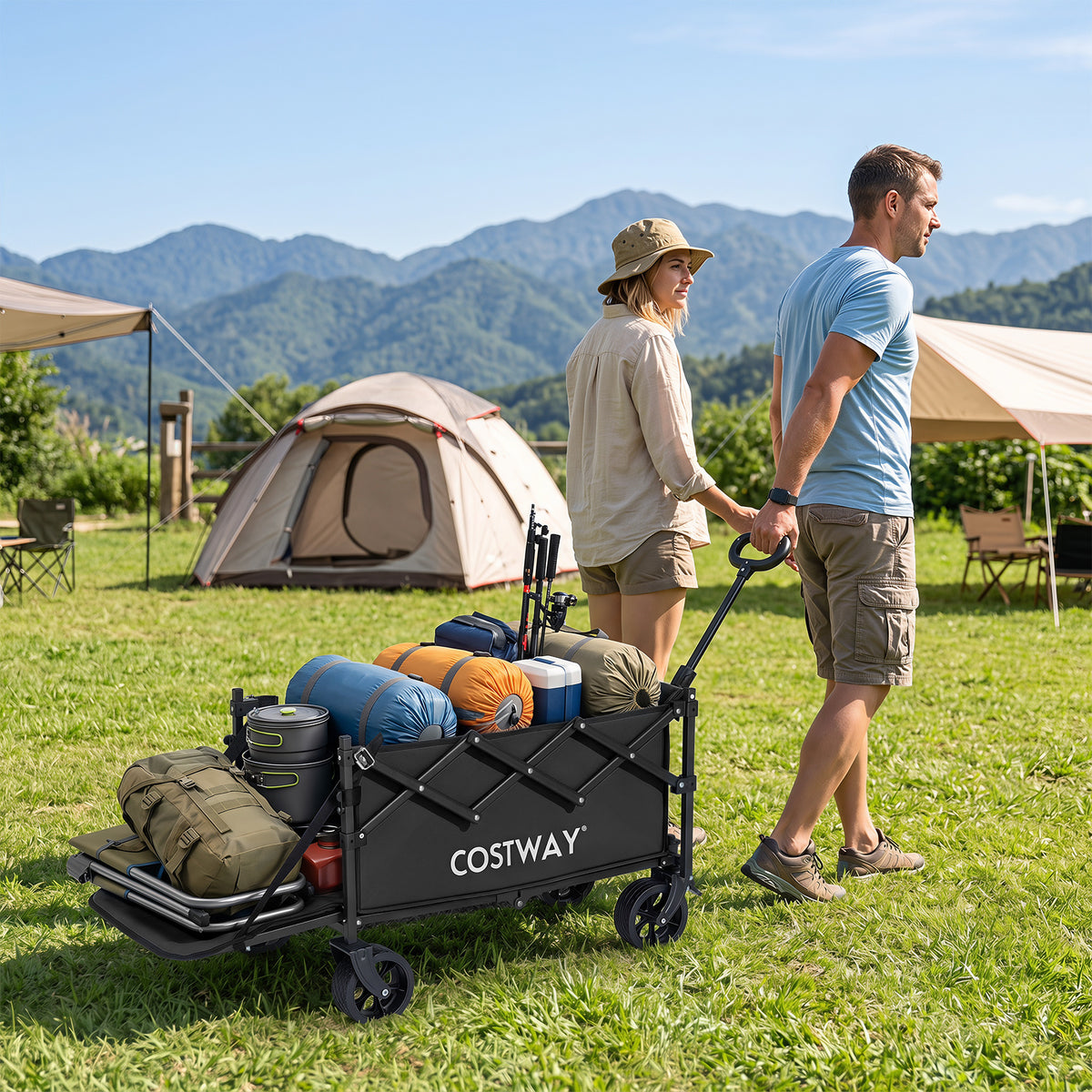 Foldable Transport Trolley 63-92L with Large All-Terrain Wheels for Beach Camping Picnic-Black