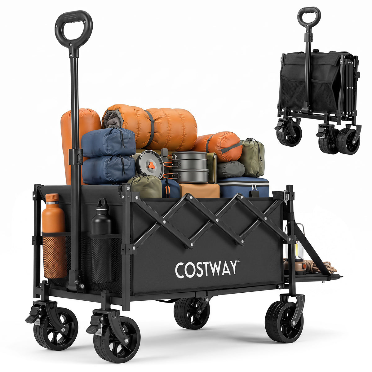 Foldable Transport Trolley 63-92L with Large All-Terrain Wheels for Beach Camping Picnic-Black
