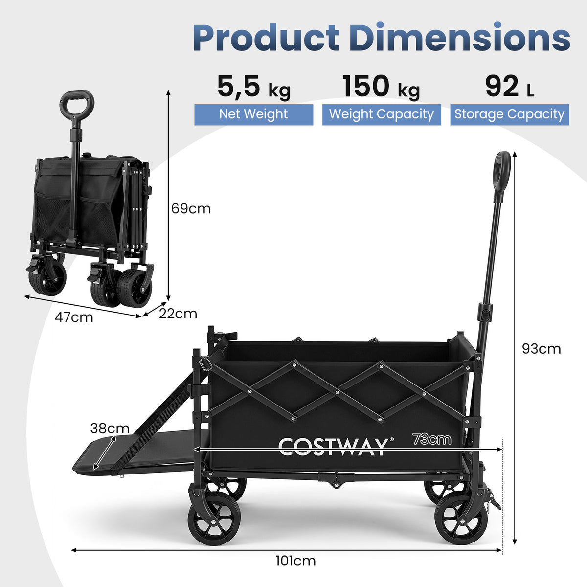 Foldable Transport Trolley 63-92L with Large All-Terrain Wheels for Beach Camping Picnic-Black