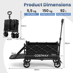 Foldable Transport Trolley 63-92L with Large All-Terrain Wheels for Beach Camping Picnic-Black