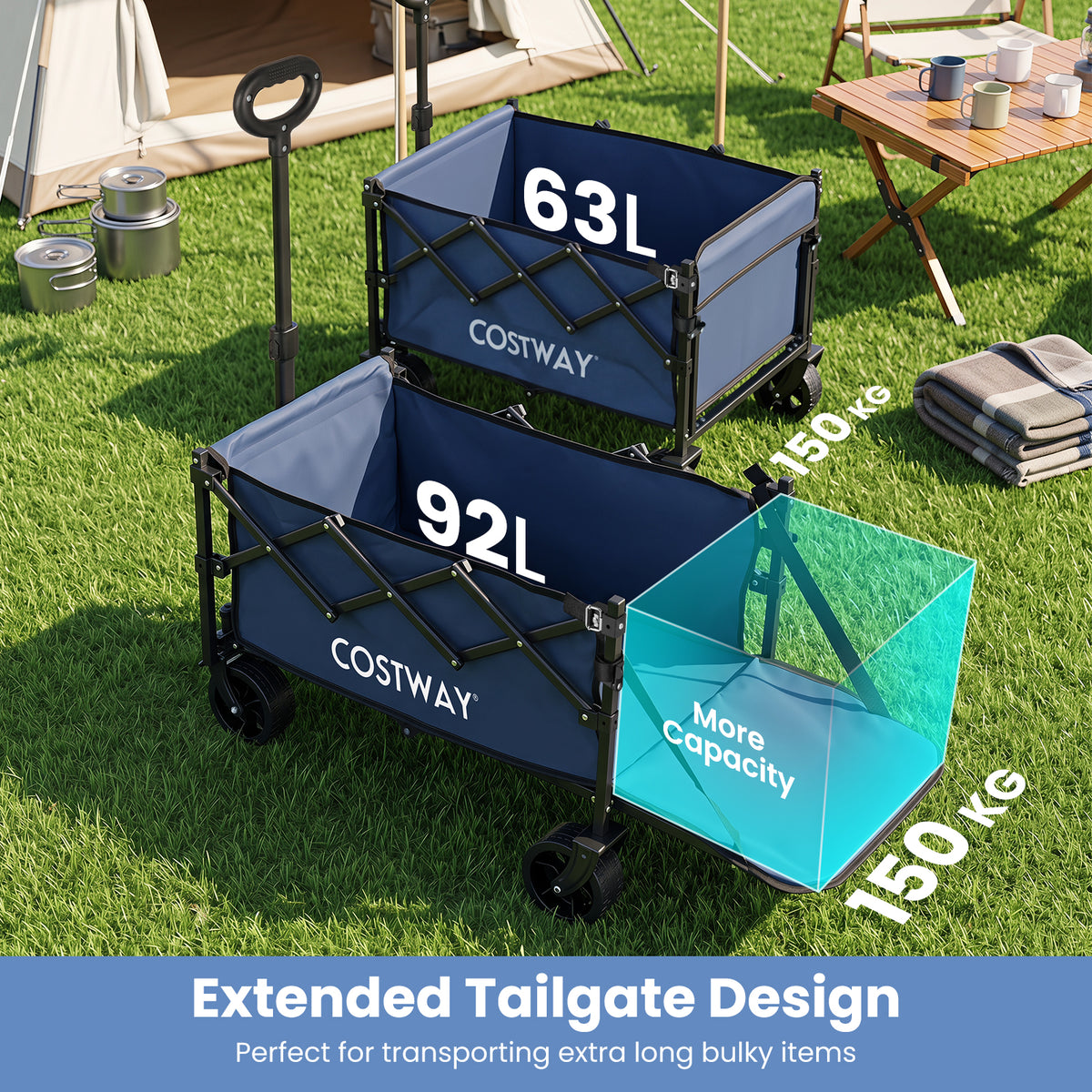 Foldable Transport Trolley 63-92L with Large All-Terrain Wheels for Beach Camping Picnic-Blue
