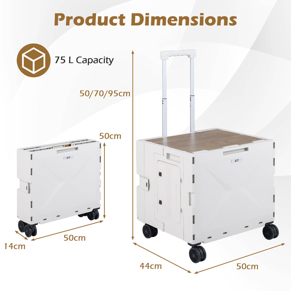 Foldable Utility Cart on 4 Rotate Wheels with Cup Holder-White