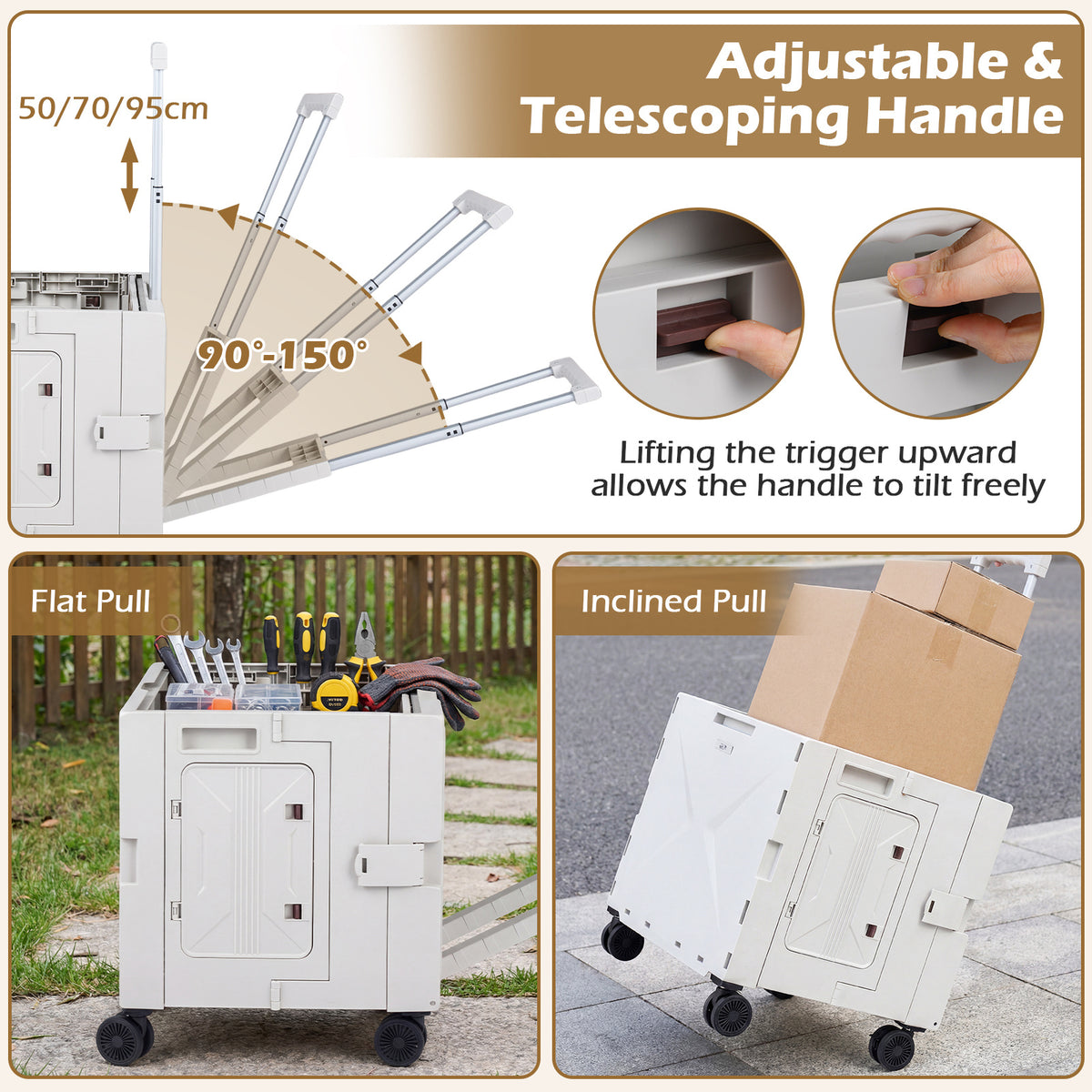 Foldable Utility Cart on 4 Rotate Wheels with Cup Holder-White