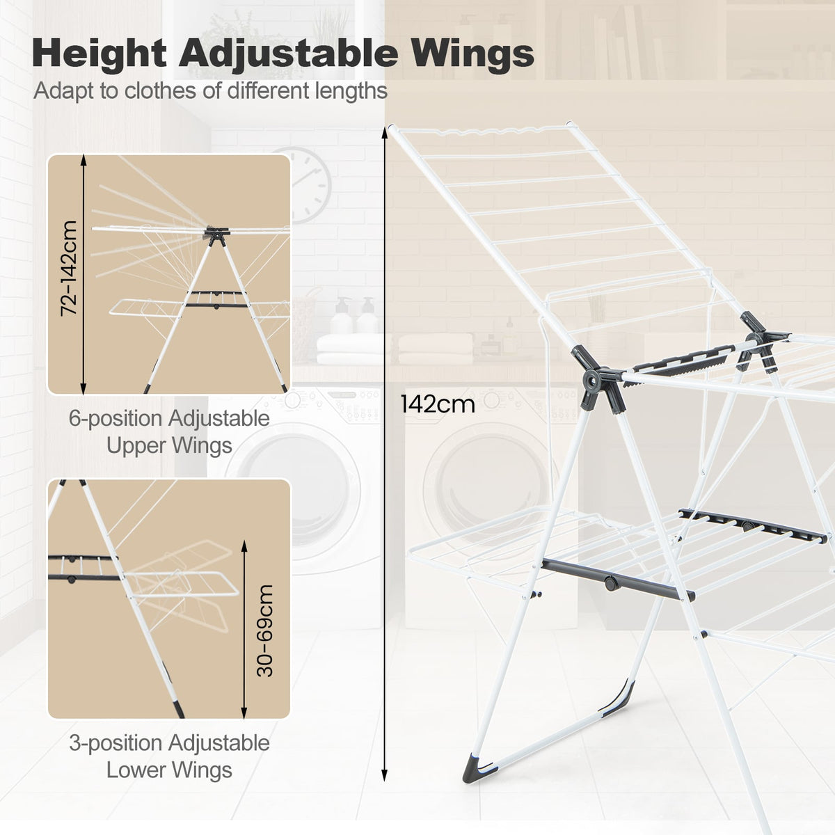Foldable 2-level Laundry Drying Rack with Adjustable Wings and Clips