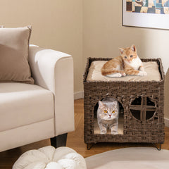 Foldable 2-tier Rattan Cat House Wicker Kitten Condo Indoor Pet Furniture Side Table-Brown