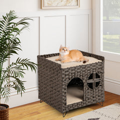 Foldable 2-tier Rattan Cat House Wicker Kitten Condo Indoor Pet Furniture Side Table-Brown