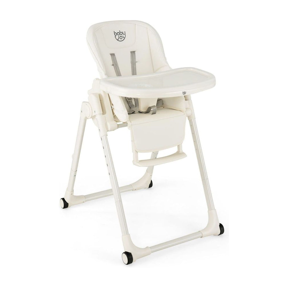 4-in-1 Foldable Baby High Chair in beige with a white tray and sturdy frame