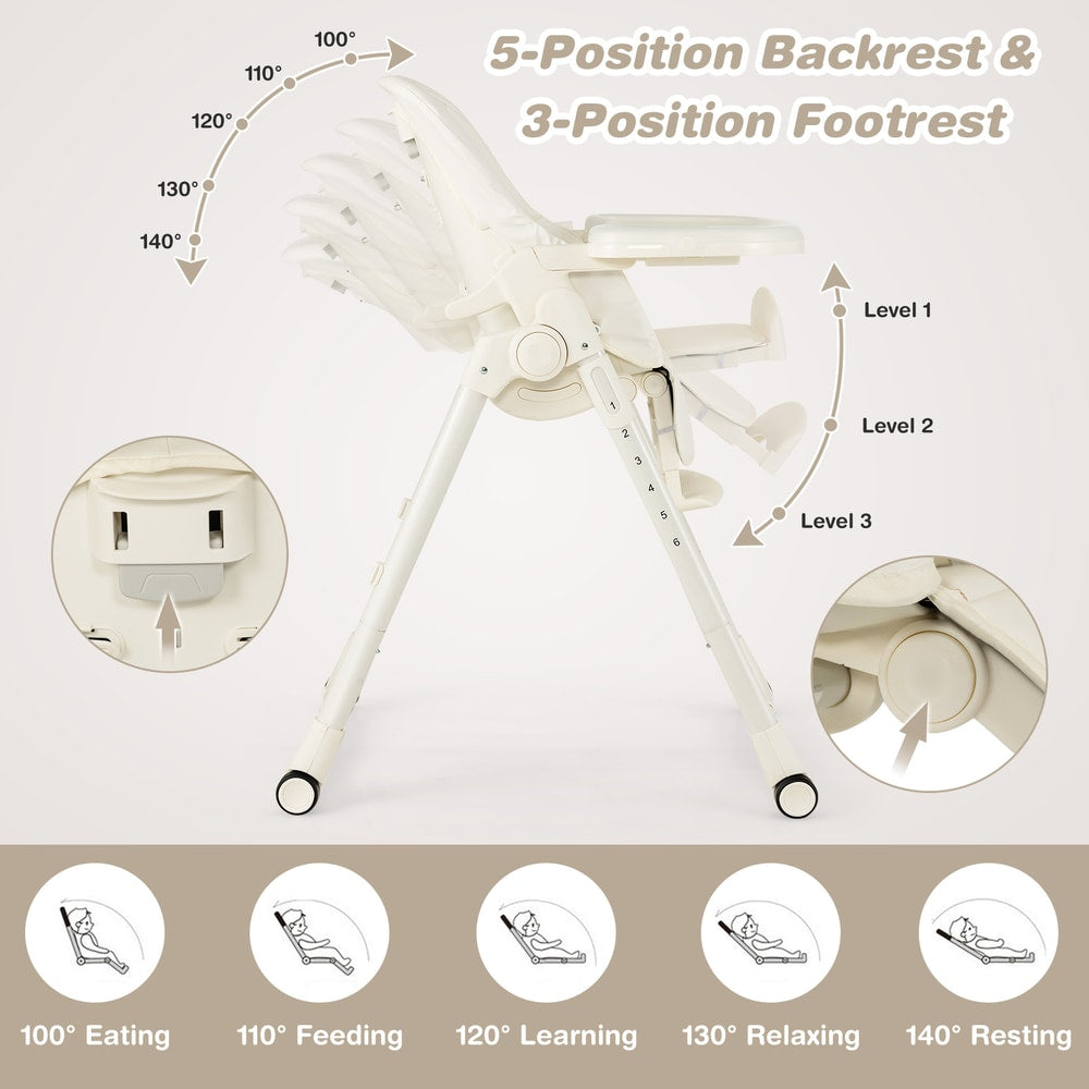 The baby high chair showing backrest and footrest reclining positions
