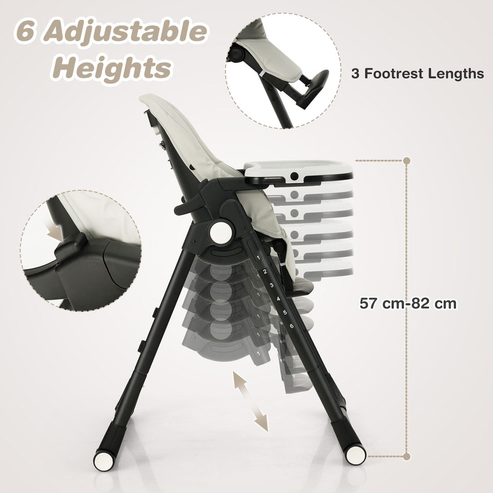 The high chair demonstrating multiple height levels and adjustable footrest positions