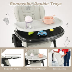 The high chair featuring a removable double tray system with adjustable positions