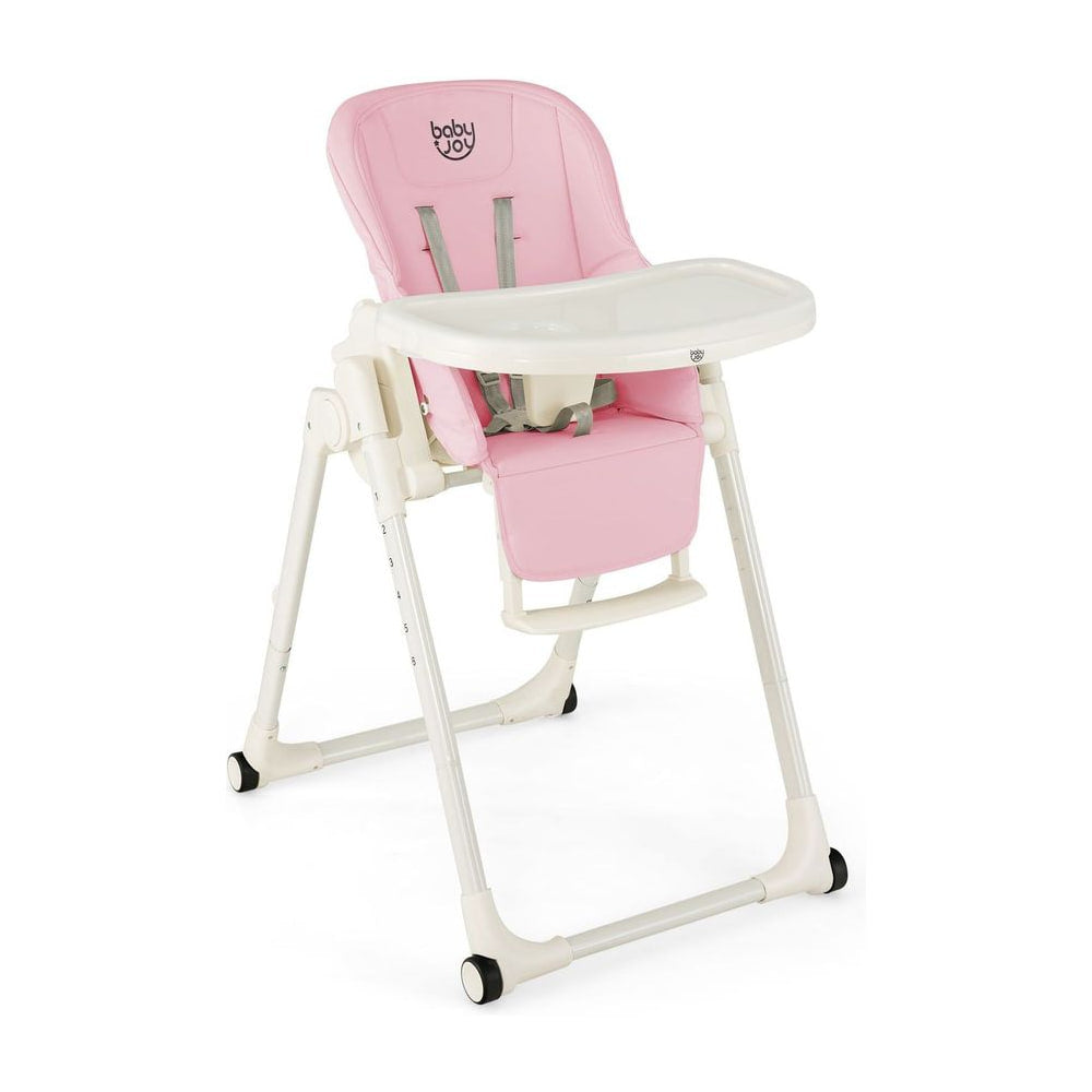 4-in-1 Foldable Baby High Chair in pink with white frame and tray