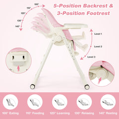Pink high chair showing the 5-position backrest and adjustable footrest angles