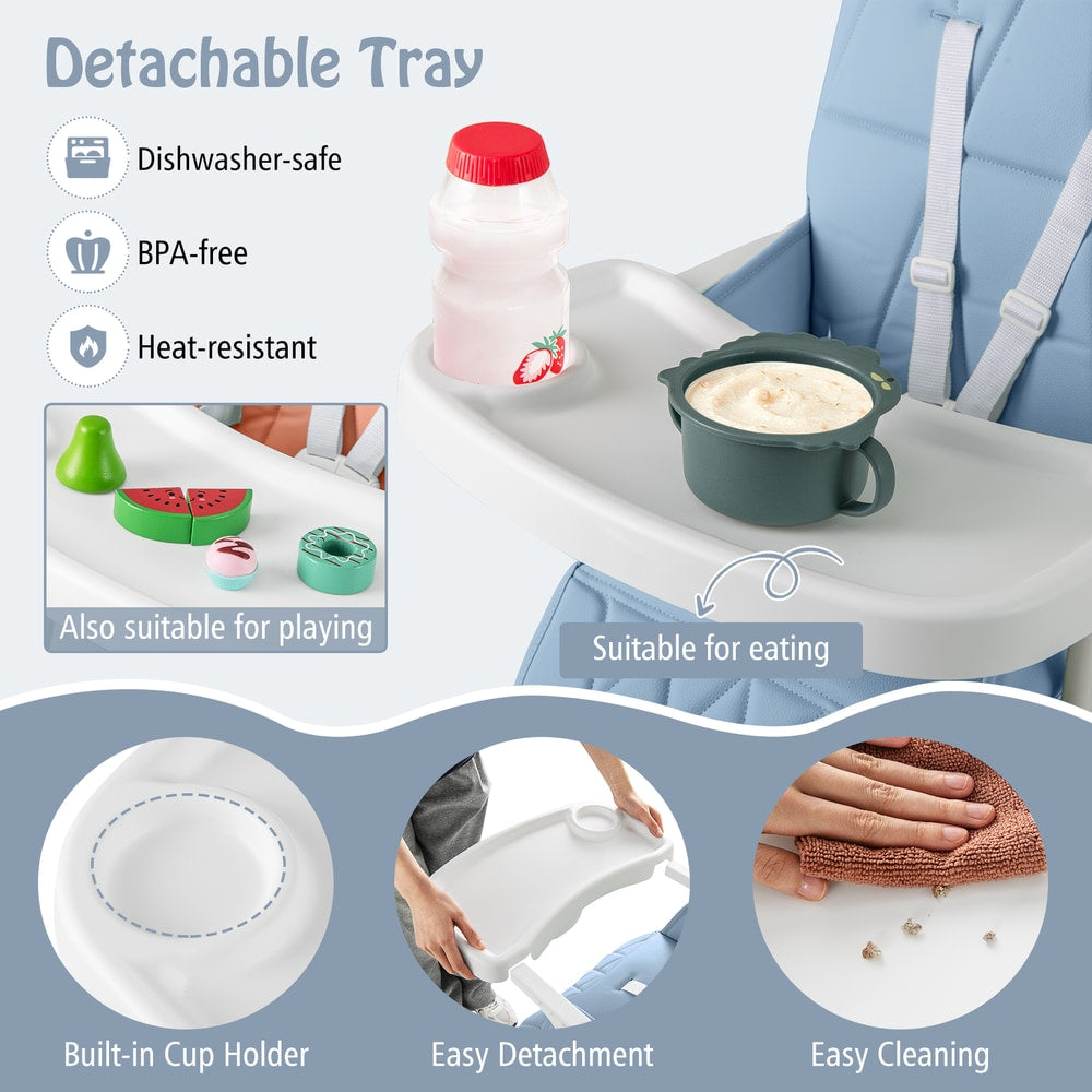 The detachable tray of the high chair, showing it is dishwasher-safe and heat-resistant