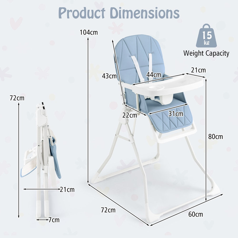 Product dimensions diagram for the navy blue high chair, showing height and width measurements
