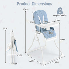 Product dimensions diagram for the navy blue high chair, showing height and width measurements