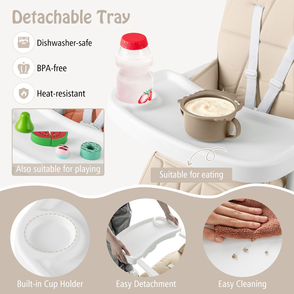 Foldable Baby High Chair with Removable Adjustable Tray in Beige